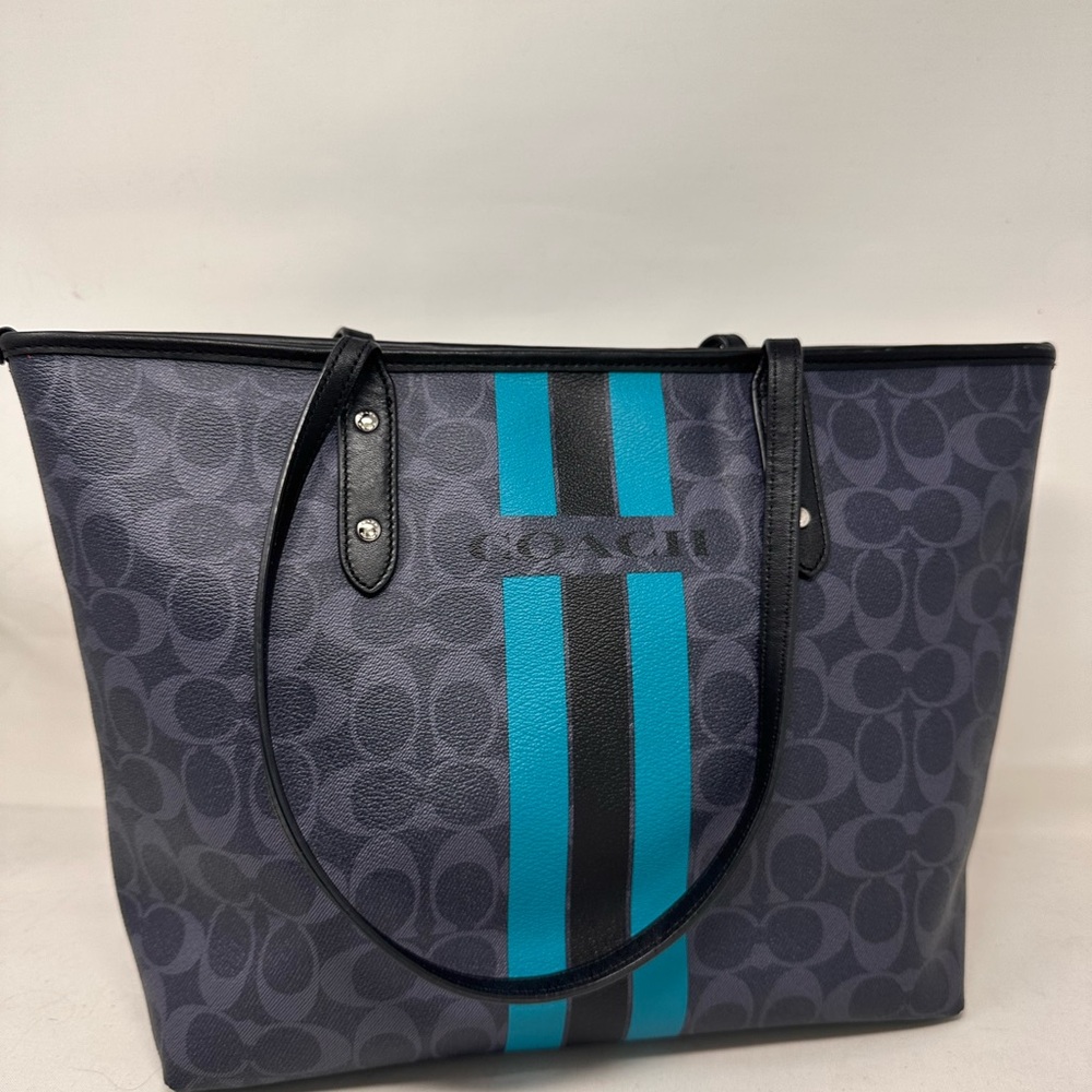 COACH F38405 Varsity Stripe Tote Bag Signature Denim PVC Black Leather PRELOVED